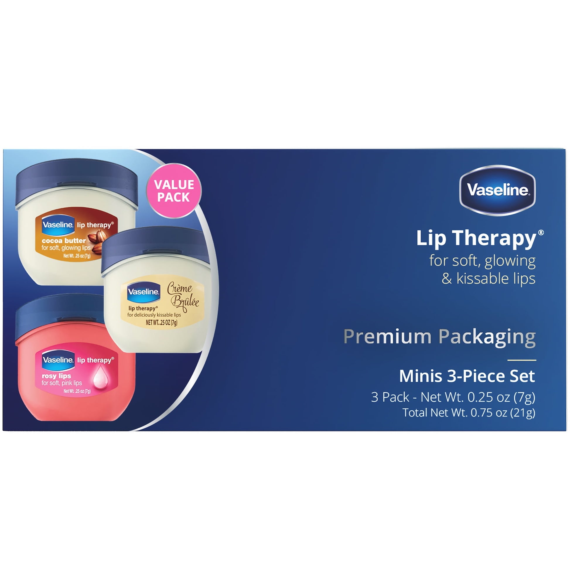 Vaseline Lip Therapy Bundle - Creme Brulee, Rosy Lips & Cocoa Butter, 0.25 Ounce (Pack of
