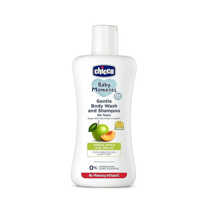 Chicco Baby Moments Gentle Bodywash & Shampoo with Green Apple & Peach, 200ml | Head-to-To