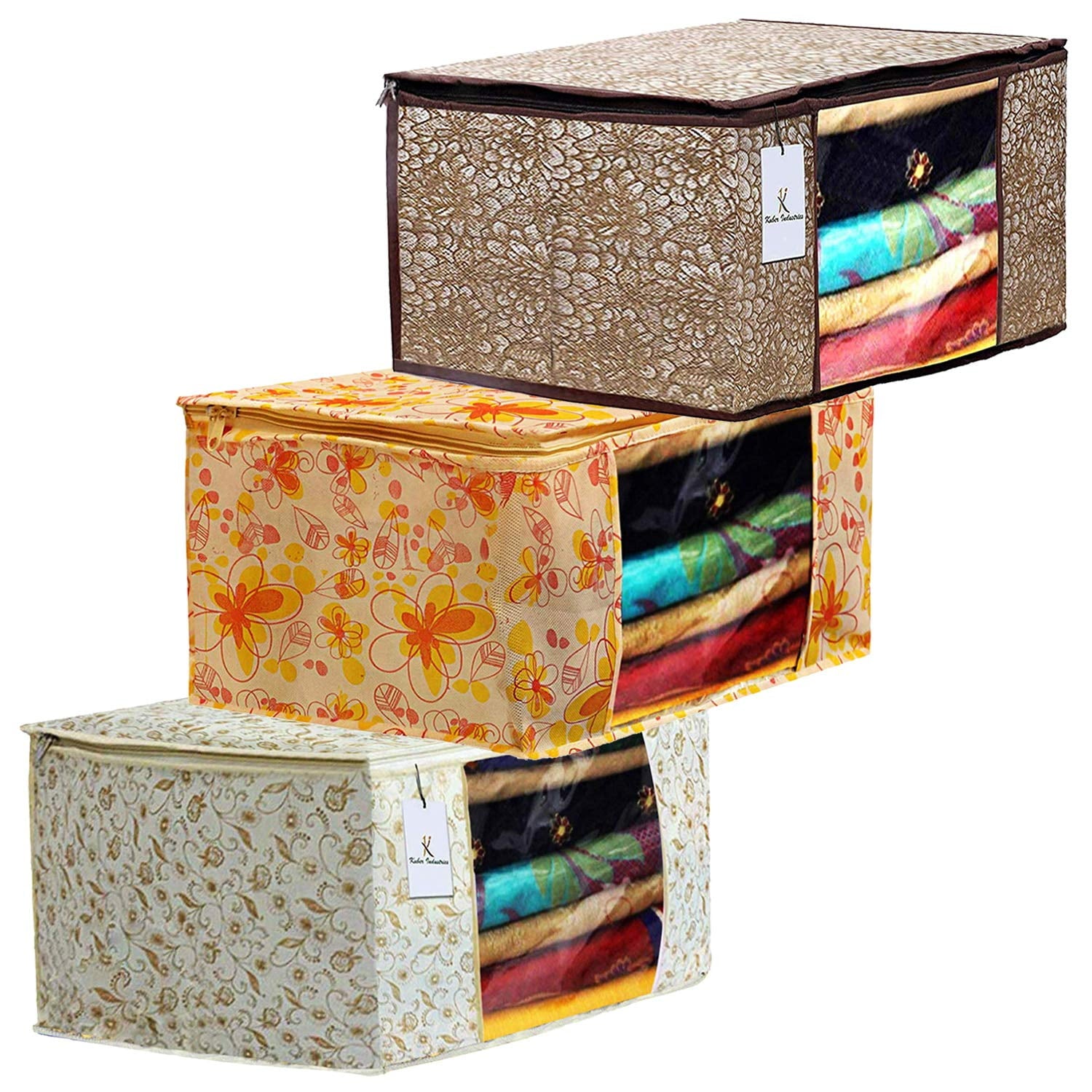 Kuber Industries Metalic Printed 3 Piece Non Woven Fabric Saree Cover Set with Transparent