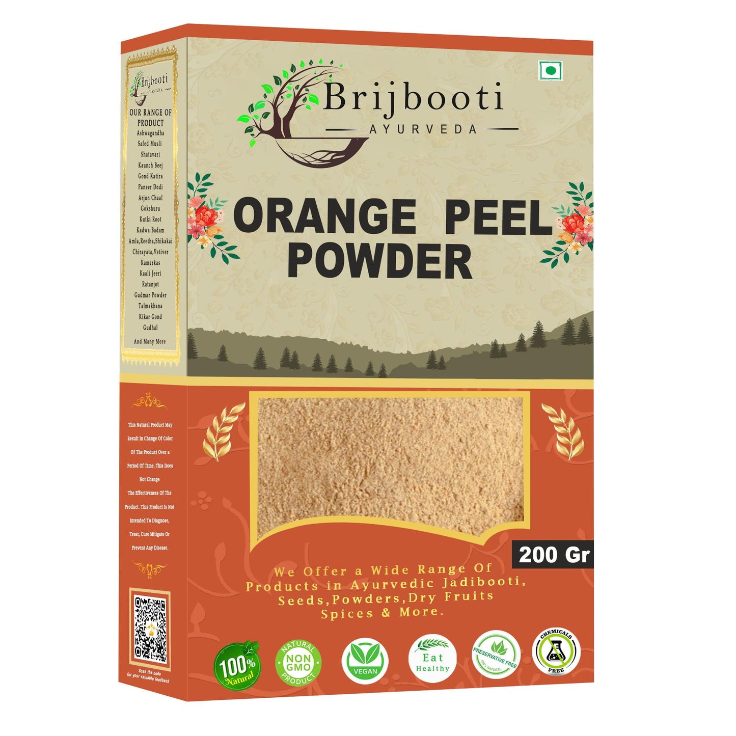Brijbooti Orange Peel Powder FacePack - 200 Gr | Tan Removal, Detan Acne, Oil Control & Pi