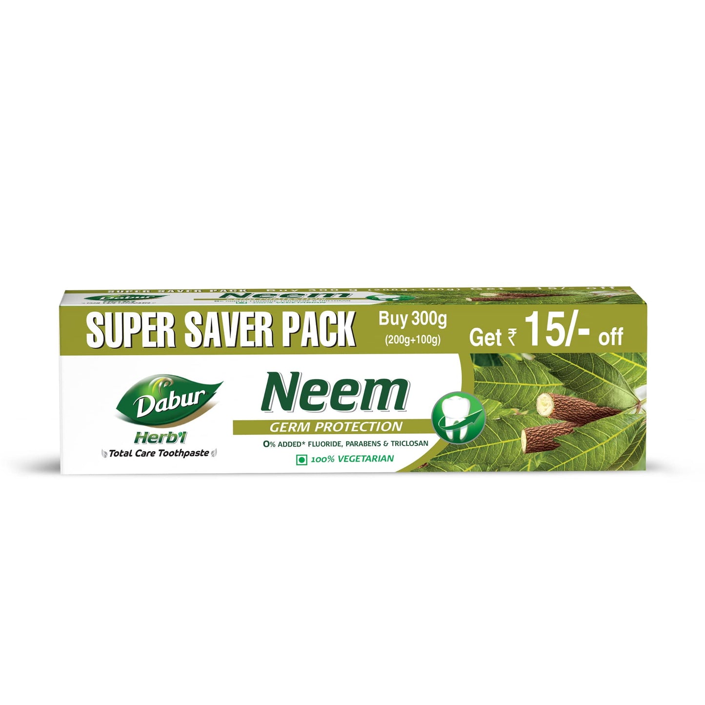 Dabur Herb'L Neem 300G (200G + 100G) - Germ Protection Toothpaste With No Added Fluoride A