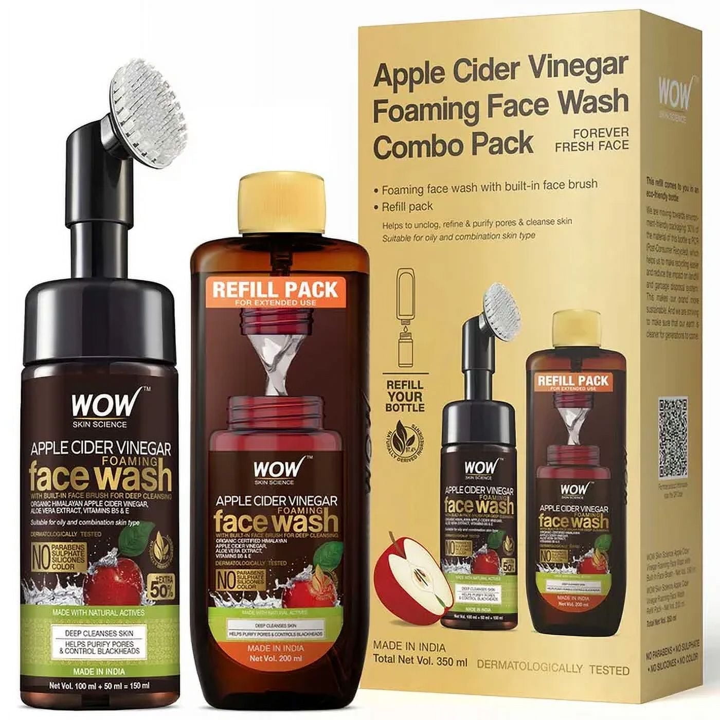 Wow Skin Science Apple Cider Vinegar Foaming FaceWash Combo - Brush & Refill Pack, 350ml