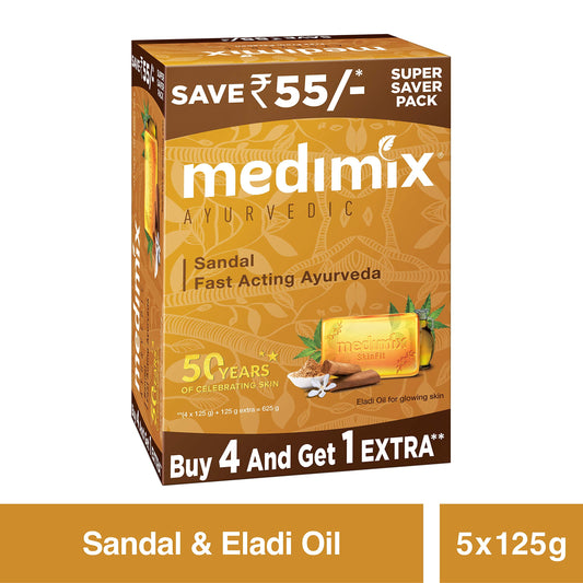 Medimix Ayurvedic Sandal Bathing Bar, 125 g (4 + 1 Offer Pack)