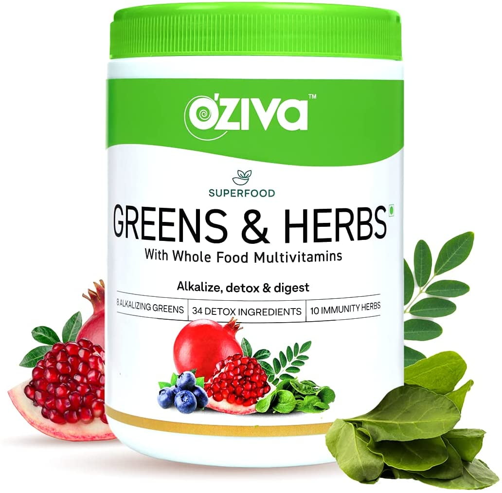OZiva Superfood Greens & Herbs with Chlorella, Curcumin, Spirulina, Maca, Moringa & More f