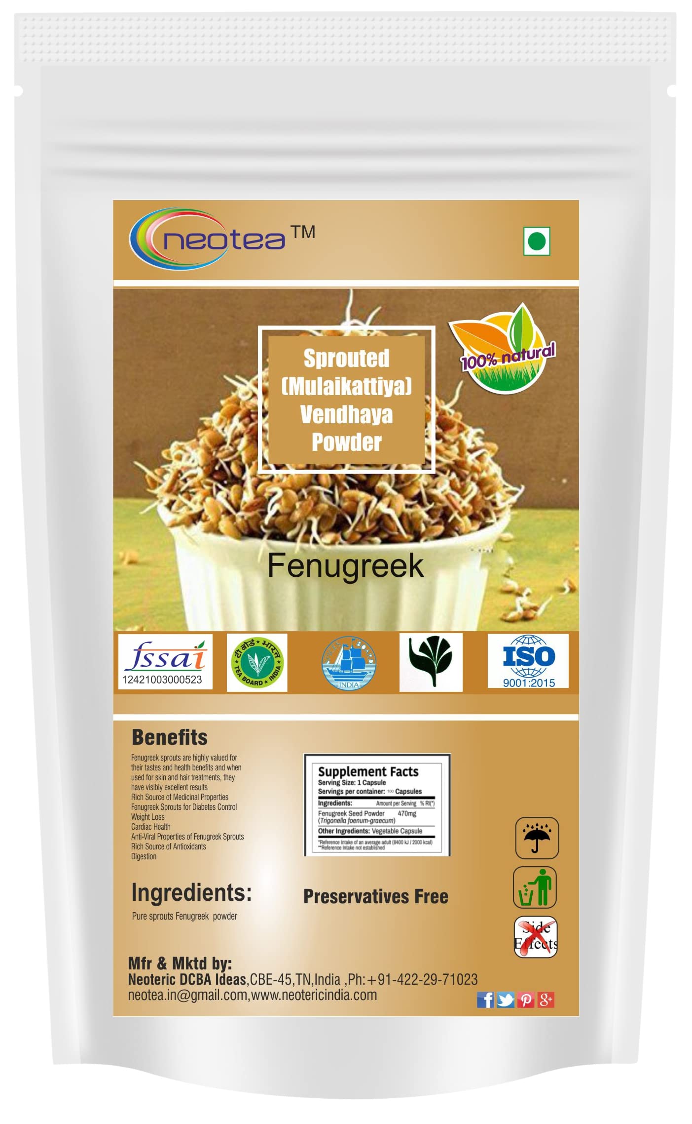 Neotea Flax Sprouted Mulaikattiya Vendhaya Methi Mente Powder, 250 G