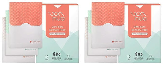 Nua Ultra-Safe Sanitary Pads For Women 12 Ultra Thin Pads 3 Sizes In 1: Heavy Flow-Xl+,Med