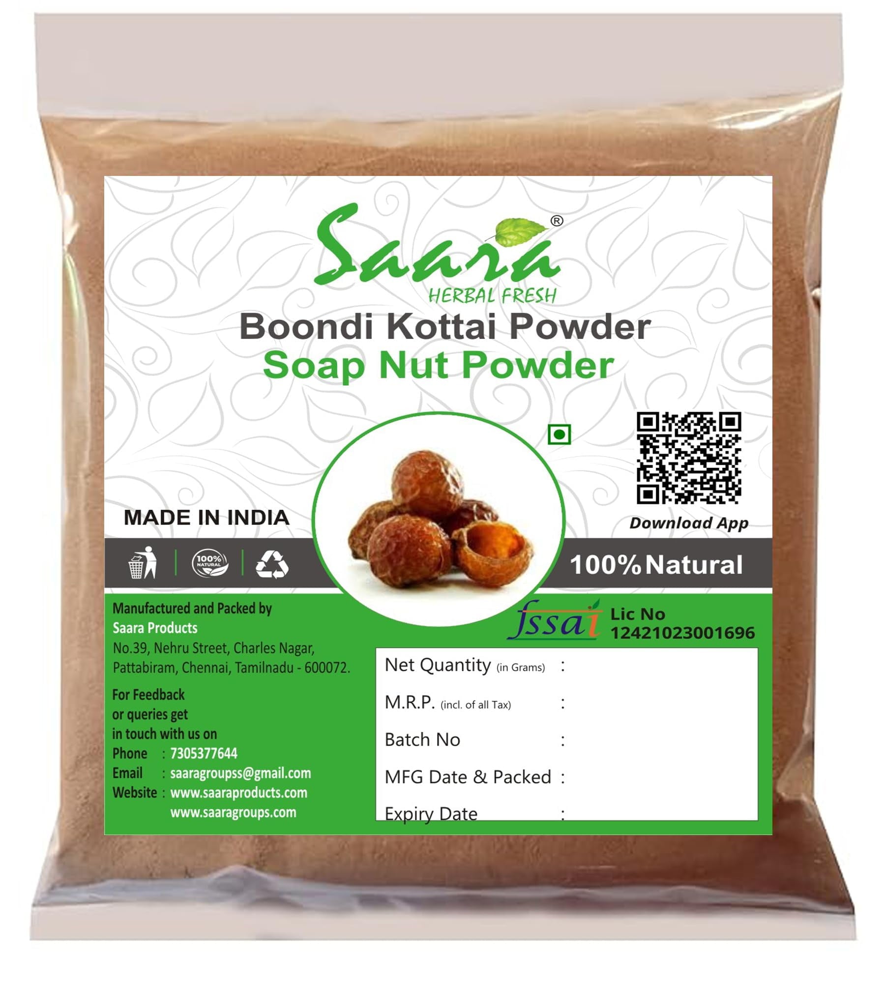 Saara Herbal Fresh Soapnut Powder, 50G, Boondi Kottai, Kumkudukaya, Organic Reetha, Aritha