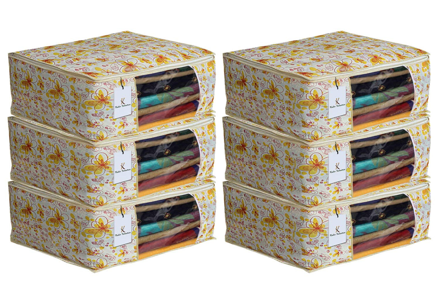 Kuber Industries Metalic Flower 6 Piece Non Woven Saree Cover Set, 7 inch, Ivory