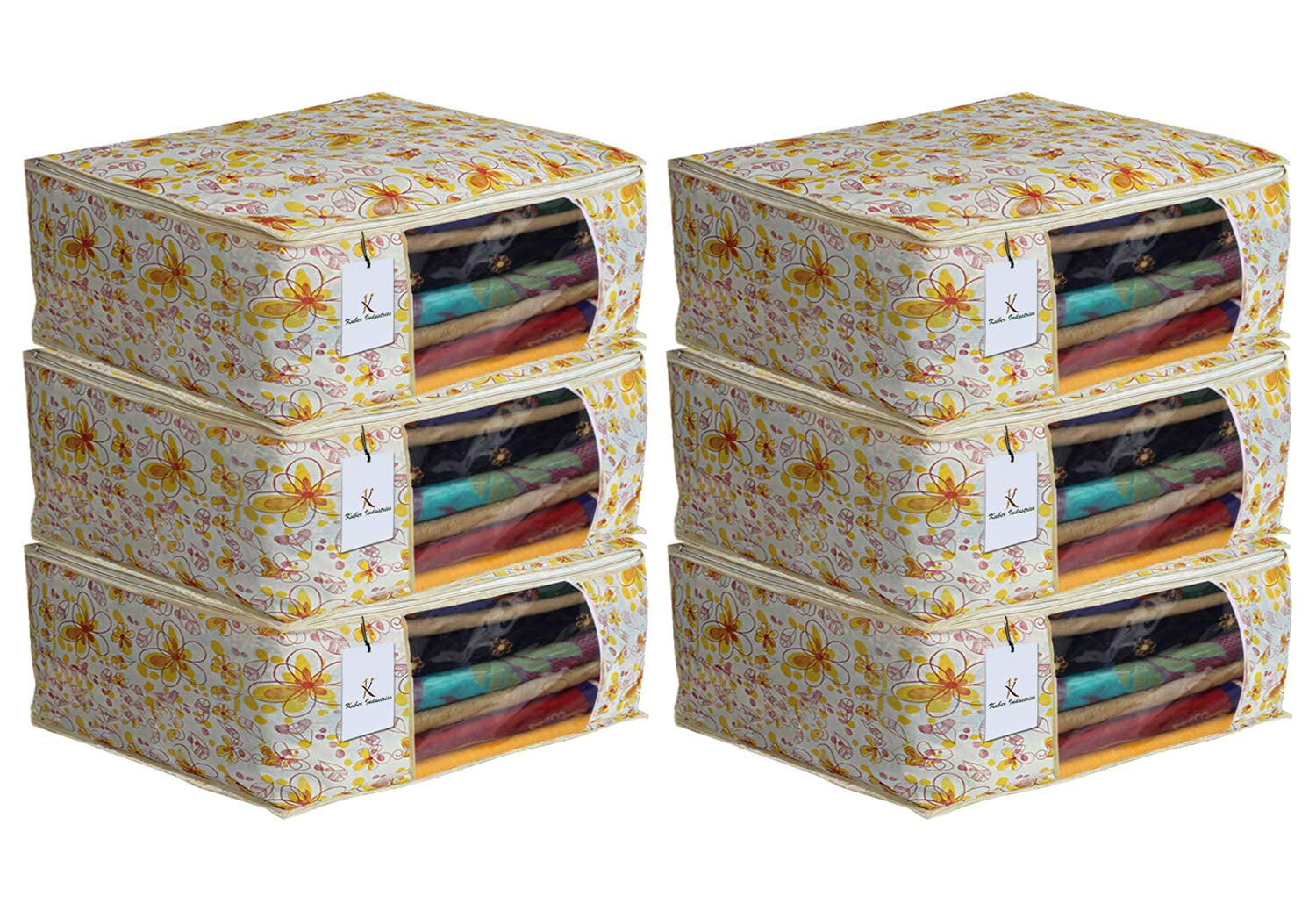 Kuber Industries Metalic Flower 6 Piece Non Woven Saree Cover Set, 7 inch, Ivory