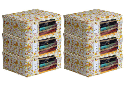 Kuber Industries Metalic Flower 6 Piece Non Woven Saree Cover Set, 7 inch, Ivory