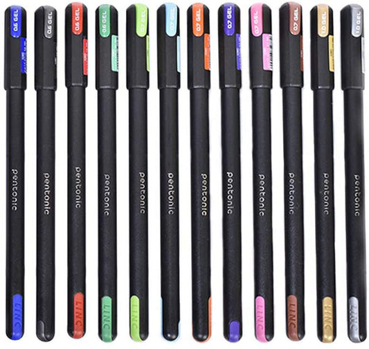 Pentonic Multicolor Gel Pen With Hard Box Case (0.6 mm-1.0 mm, Black Body, 12 Pcs Set)