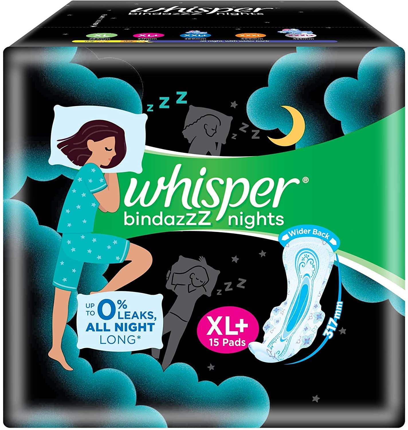 Whisper Ultra Night Sanitary Pads for Women, XL+ 15 Napkins