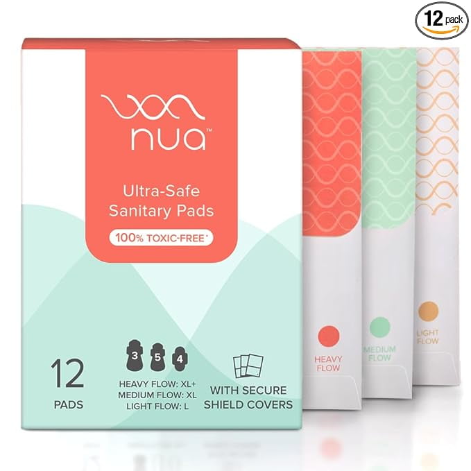 Nua Ultra-Safe 12 Sanitary Pads For Women | 3 sizes in 1: 3 Heavy Flow-XL+, 5 Medium-XL &