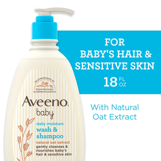 Aveeno Baby Daily Moisture Bath BodyWash & Shampoo, Liquid Soap, Oat Extract, 18 fl oz