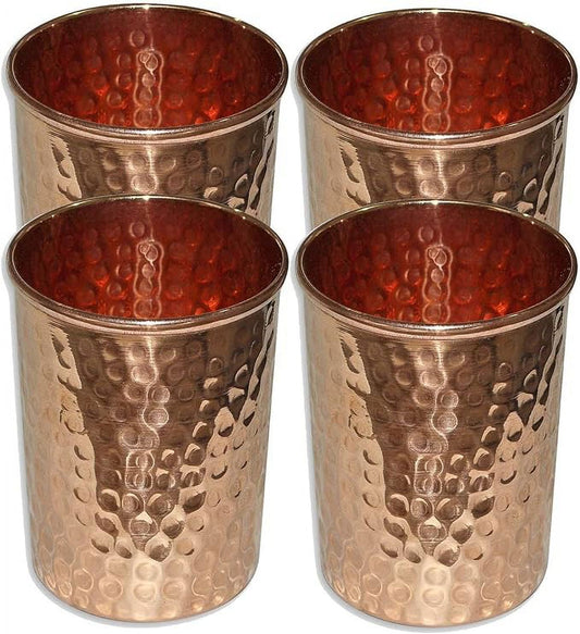 Pure Copper Water Glass for Ayurveda Health Benefit Smooth Finished Hammered Tumbler - 4 P