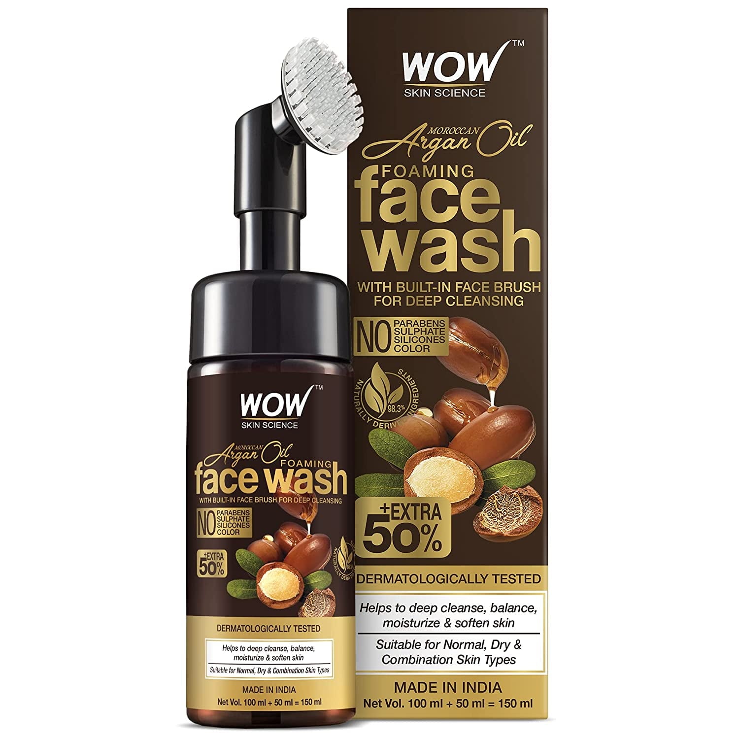 WOW Skin Science Moroccan Argan Oil Foaming FaceWash with Built-in Brush - contains Argan