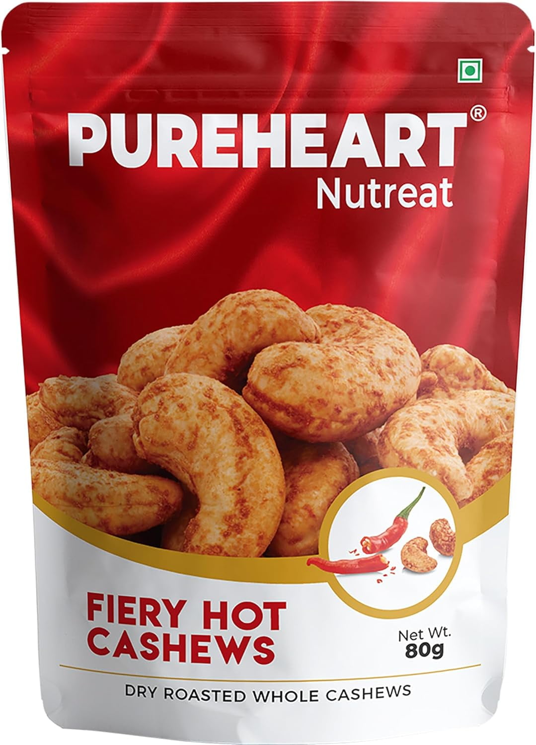 Nutreat Fiery Hot Cashews By Pureheart 80gm, | Natural Premium Spicy Roasted Whole Cashew