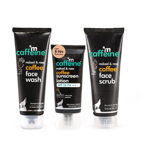 mCaffeine Coffee Pollution & Sun Protection Kit with FaceWash, Face Scrub & SPF 50 PA++ Su