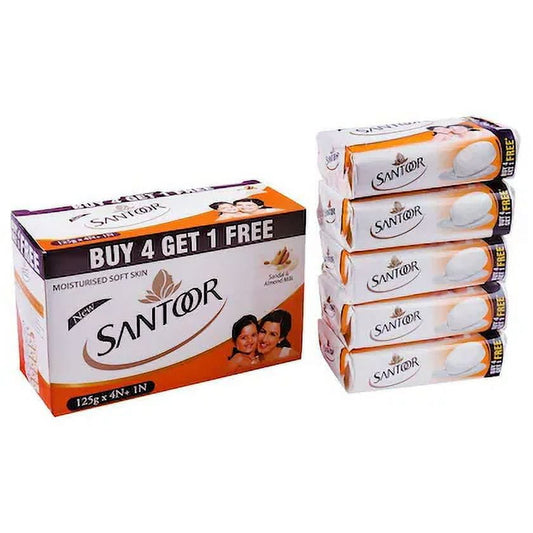 Santoor Sandal & Almond Milk Soap 125 g (Buy 4 Get 1 Free)
