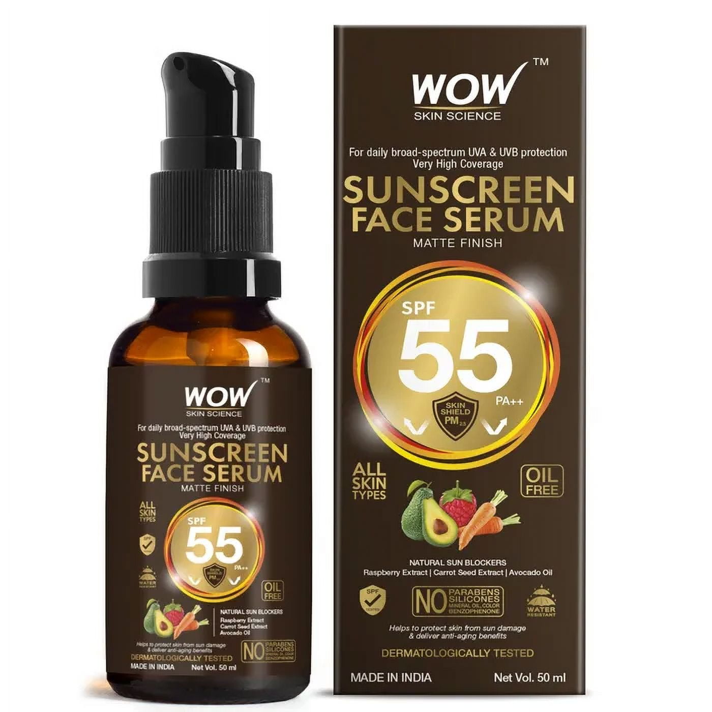 Wow Skin Science Matte Finish Sunscreen FaceSerum Spf 55 Pa++ With Raspberry, Carrot Seed