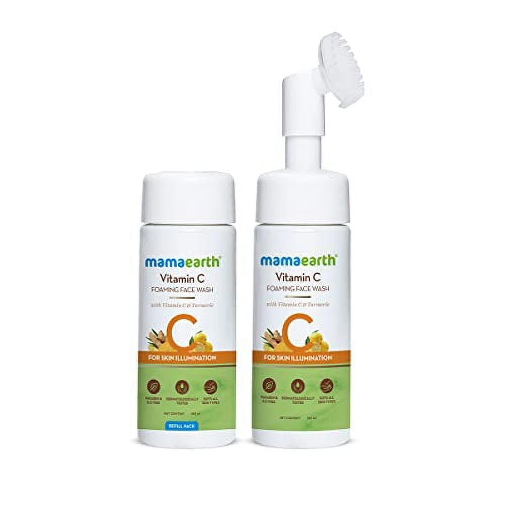 Mamaearth Vitamin C Foaming FaceWash with brush, Combo Pack with Refill for Skin Illuminat