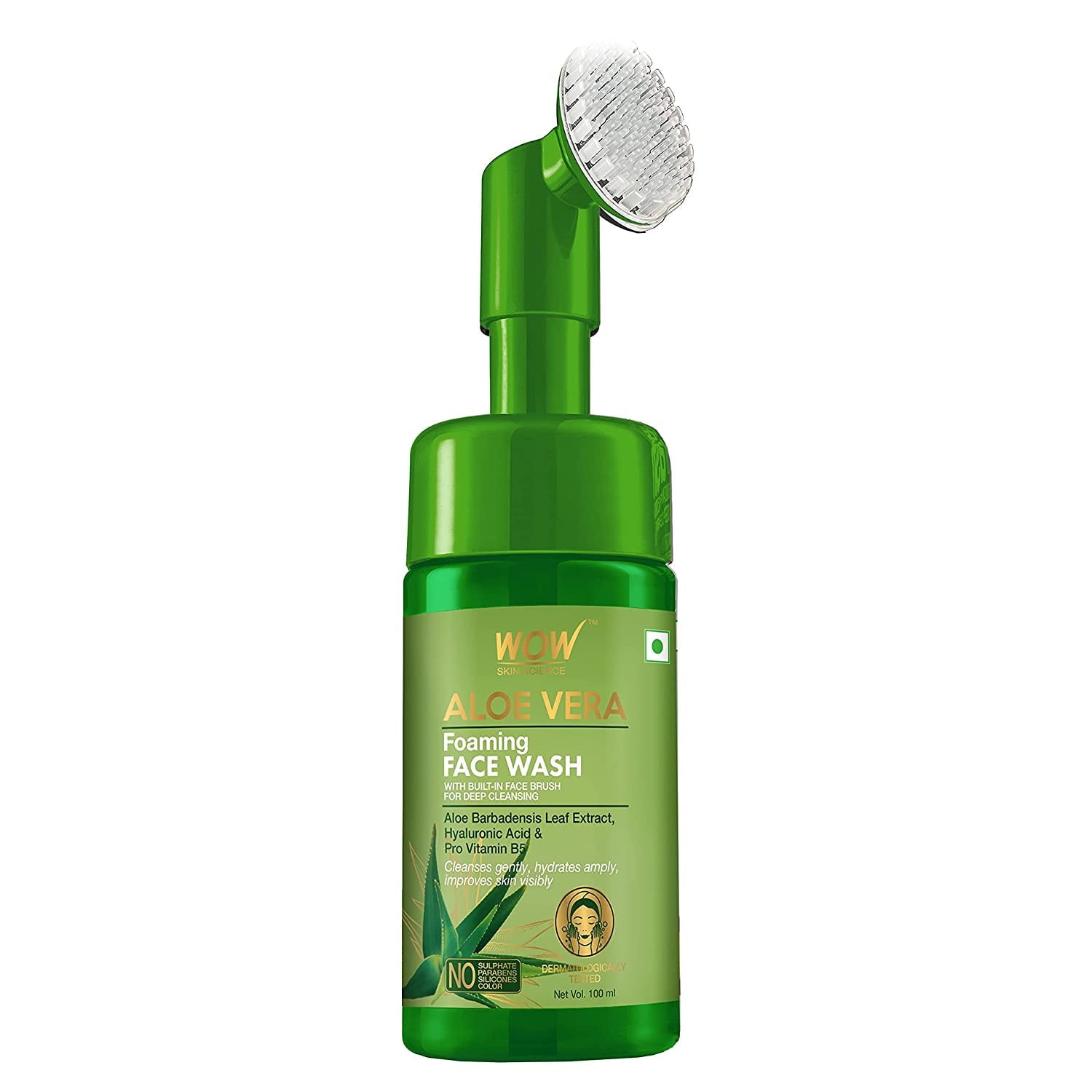 WOW Skin Science Aloe Vera Exfoliating FaceWash W/Brush - Soft, Silicone Bristles - Foamin