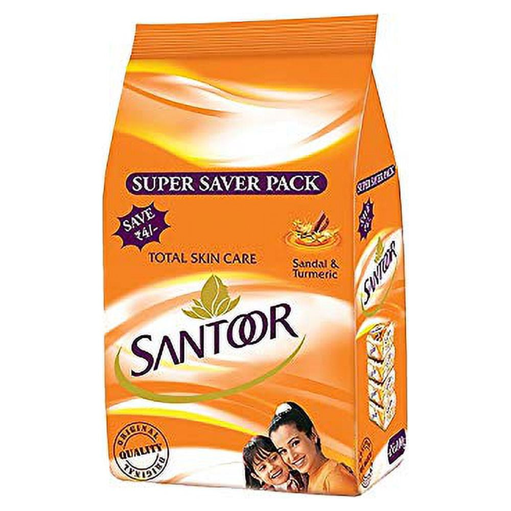 Santoor Sandal & Turmeric Soap for Total SkinCare, 100g (Pack of 4, Super Saver Pack)