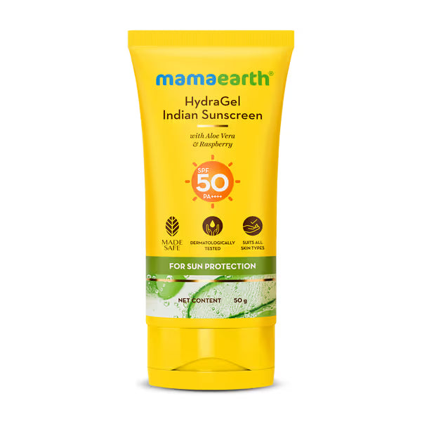 Mamaearth HydraGel Indian Sunscreen: SPF 50, Aloe Vera & Raspberry, 50 g