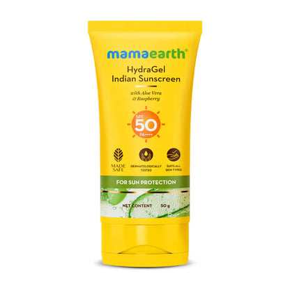 Mamaearth HydraGel Indian Sunscreen: SPF 50, Aloe Vera & Raspberry, 50 g